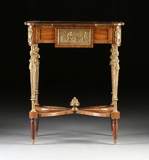 A LOUIS XVI REVIVAL STYLE BRONZE MOUNTED AND PAINTED TULIPWOOD TABLE DE MILIEU, SECOND HALF 20TH CENTURY,