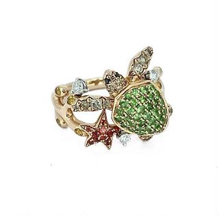 EFFY Turtle Diamonds & Tsavorite & Garnet Rose Gold 14k Ring Size 7