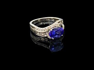 14k White Gold over 2 ctw Blue Tanzanite & Diamonds Ring Size 6.5