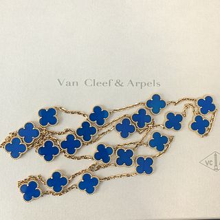 Van Cleef & Arpels Vintage Alhambra 18K Yellow Gold 20 Motif Blue Agate Long Necklace