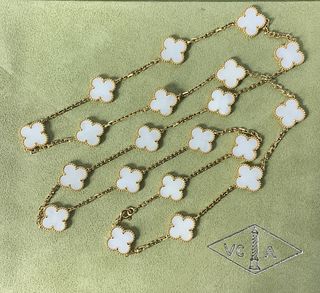 Van Cleef & Arpels Vintage Alhambra White Coral 18K Yellow Gold Necklace, 20 Motifs