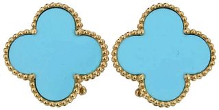 Van Cleef & Arpels Alhambra 18K Yellow Gold Turquoise Earrings