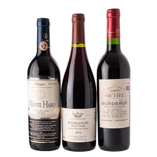 Lote de Vinos Tintos de Francia y España. a) Bordeaux. Cosecha 2005. Bordeaux. Francia. Nivel: en el cuello...