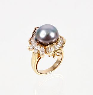 18K Black Cultured Pearl Diamond Ring/Pendant