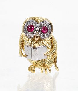 18K Bi-Color Diamond Ruby Owl Pin