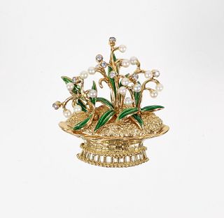 18K Pearl Diamond Flower Basket Pin