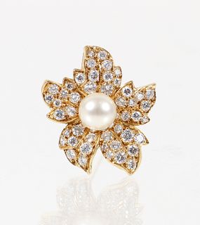 18K Pearl Diamond Floral Pin