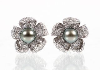 18K Black Pearl Diamond Floral Earrings