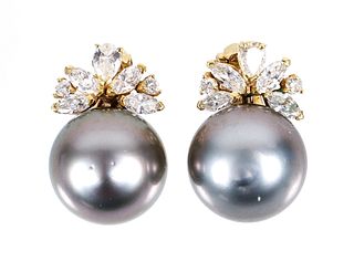14K Black Pearl Diamond Earrings