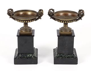 Pair of Bronze Urns on marble bases