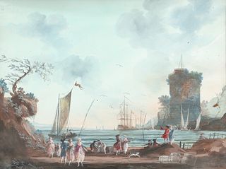 Continental Harbor Scene Gouache dated 1754