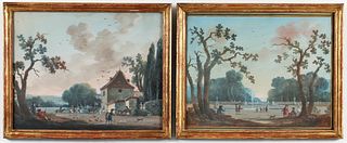 Pair of 1780s Continental Gouache Idyllic Park Scenes