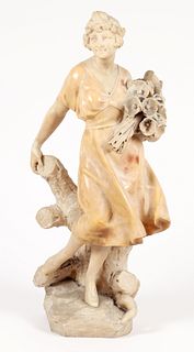 Marble Sculpture Standing Woman with a Bouquet of Anemones