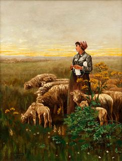 Rudolf Lehmann 1892 oil Shepherdess Knitting in a Field