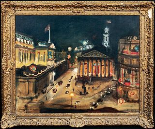 LONDON AT NIGHT ROYAL EXCHANGE & BANK OF ENGLAND OIL PAINTING