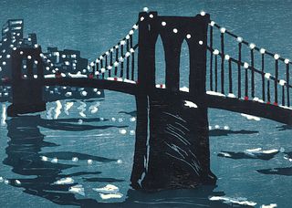 Richard Bosman 1997 color woodcut Bridges IV