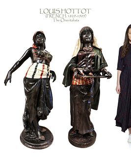 LOUIS HOTTOT Pair of Life Size Female Orientalist Bronze Sculptures, Signed