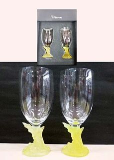 A Pair of DAUM Crystal Dome Plant Wine Glass In Original Box