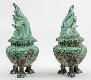 Grand Tour Bronze Flambeaux Tripod Urns, Pair
