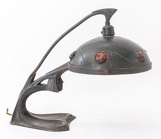 Austrian Art Nouveau Bronze and Chunk Glass Lamp