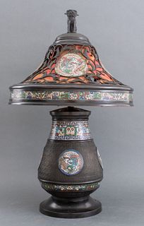 Japanese Deco Rubbed Bronze Cloisonne Shaded Lamp