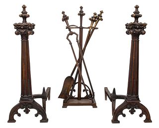 Gothic Revival Bronze Andirons & Fireplace Tools
