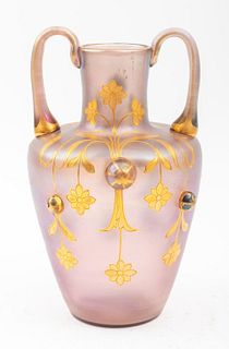 Art Nouveau Gilded Iridescent Purple Glass Amphora