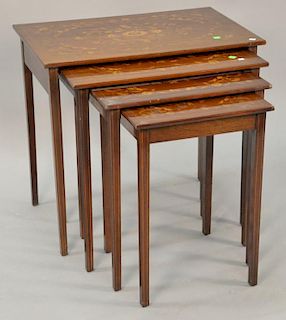 Nest of four marquetry inlaid stacking tables, ht. 26", 18" x 28".