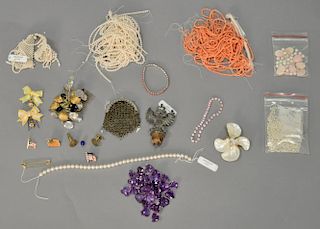 Tray lot with pearls, ruby beads, coral beads, pins, etc.
