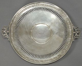 Sterling silver reticulated footed serving charger, dia. 10 1/2" plus handles, 11.2 t oz.