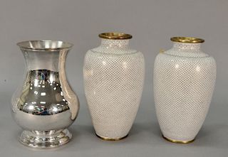 Pair of Cloissone fish scale Chinese vases (8 1/2") along with Christofle silverplated vase. (8")