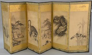Six fold Japanese Byobu screen, watercolor on paper having panels of different subjects including two scholars in a courtyard, one o...