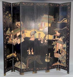 Oriental black lacquered six fold screen, ht. 84", lg. 96".