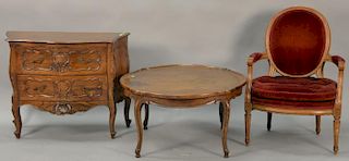 Louis XV style commode along with a French style armchair and a coffee table. commode: ht. 25", wd. 34", dp. 14"