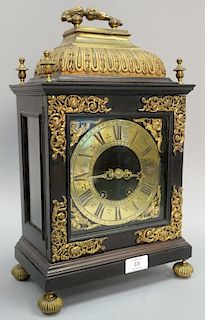 Ebonized chime clock with brass top and feet (chips on top left), ht. 17 1/2".
