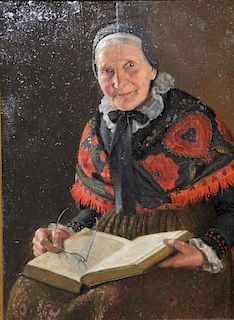 Richard Nitsch (1866-1945) oil on board woman reading a book, signed top left R. Nitsch. (7 1/2" x 5 1/2")