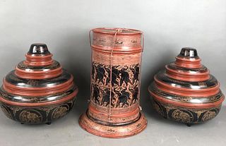 A Group of 3 Burmese Style Laquered Containers