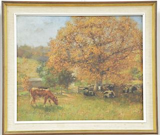 Charles Albert Burlingame (1860-1930) oil on canvas fall farm with cows signed lower left C.A. Burlingame, 20" x 24".