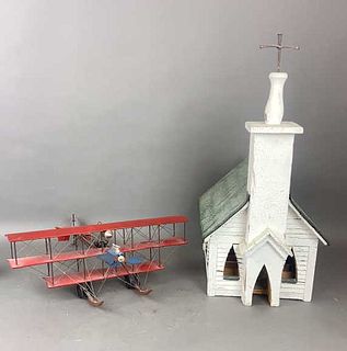 A Wooden Folk Art Church & Metal Airplane