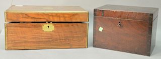 Two mahogany boxes including lap desk with brass inlay and leather writing surface (ht. 8", wd. 16") and a lift top box with fitted ...