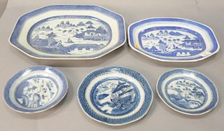 Five piece Canton group to include two large trays and three small dishes (both trays cracked) and a large Worcester tureen with ele...