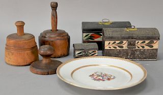 Small group to include Chinese export plate (dia. 9 1/4"), three Treenware pieces, and three tole boxes.