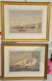 Pair of Fred S Cozzens colored lithographs "Near the Finish with the Puritan and the Genesta" and "Under the Palisades" signed lower...