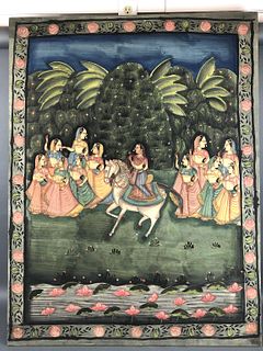 A Persian Painting on Fabric Mounted on Wood