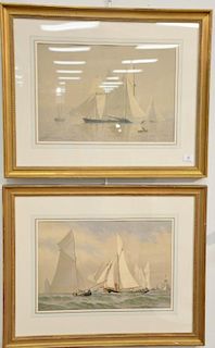 Pair of Fred S Cozzens colored lithographs "Rounding the Lightship" and "Misty Morning Drifting" signed lower left in print Fred S. ...