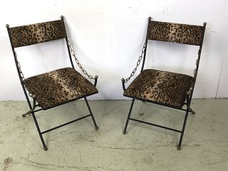 A Pair of Black Metal & Cheetah Upholstered Chairs
