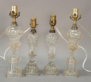 Two pairs of whale oil lamps. ht. 13" & 15 1/2"