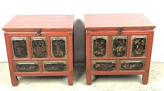 A Pair of Asian Red Lacquered Trunks