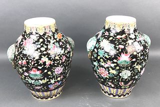 Pair of Asian Floral Decorated Vases