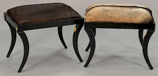 Pair of Hyde covered footstools. ht. 18", top: 17" x 25".